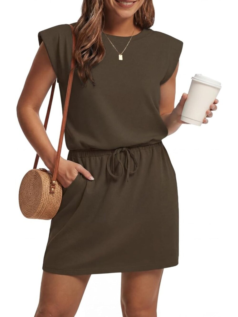 Women's Green Casual Cap Sleeve Crew Neck Drawstring Waist Mini Beach Dress